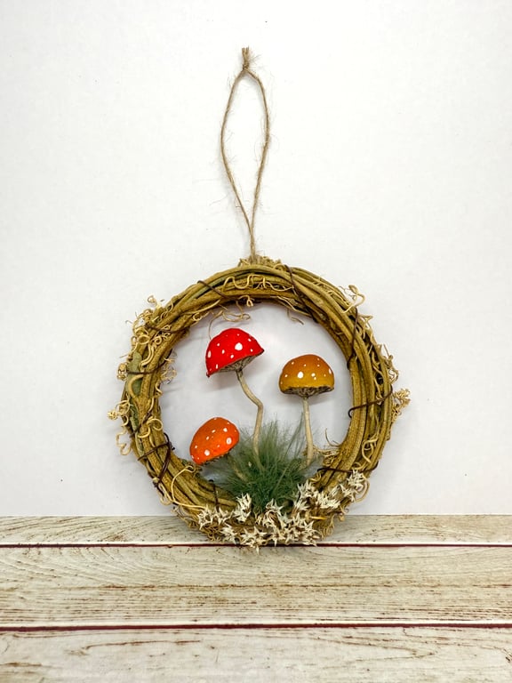 Spun Cotton Mushrooms in Grapevine Hoop Multi