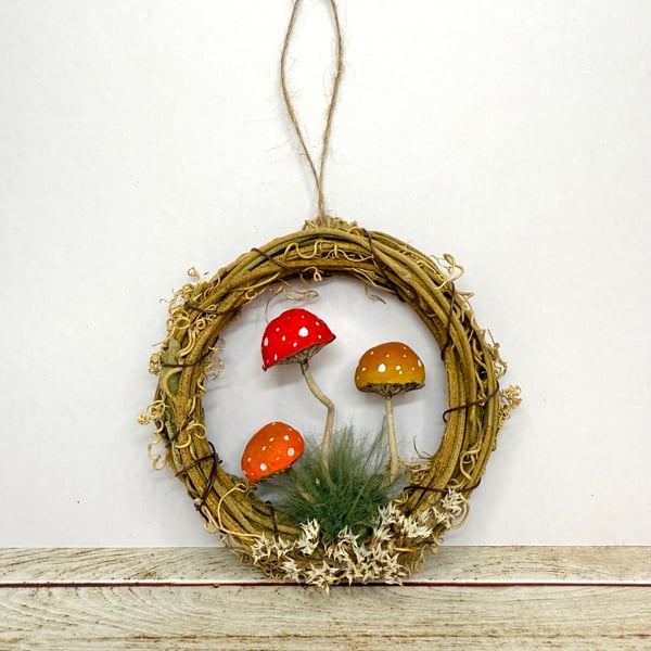 Spun Cotton Mushrooms in Grapevine Hoop Multi