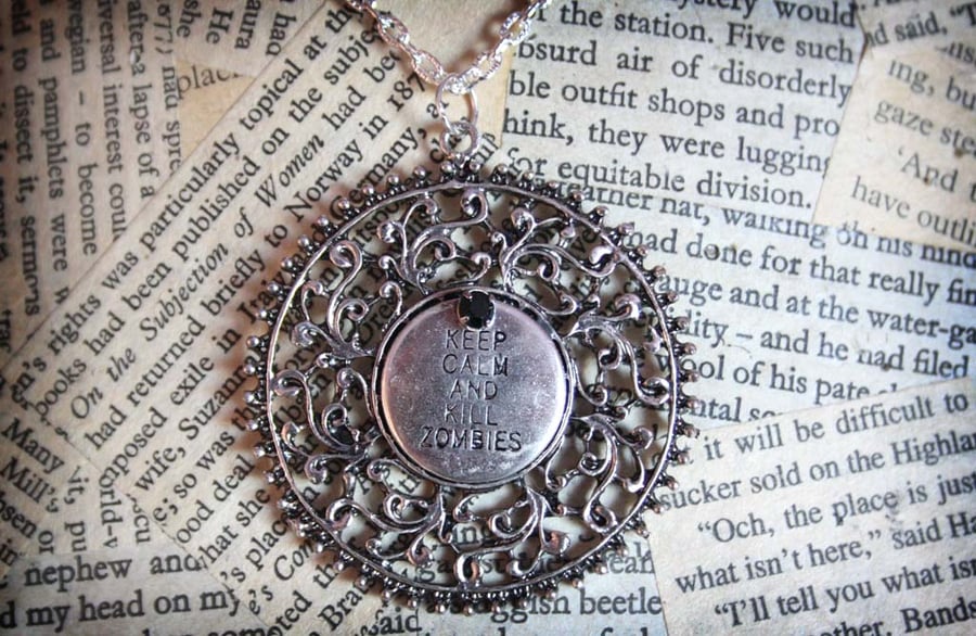 Keep Calm and Kill Zombies Filigree Pendant Silver Necklace