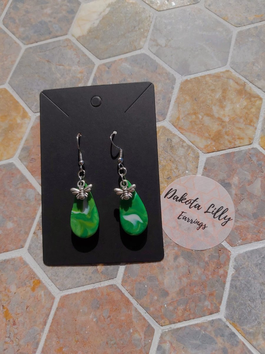 Green and White drop, polymer clay earrings