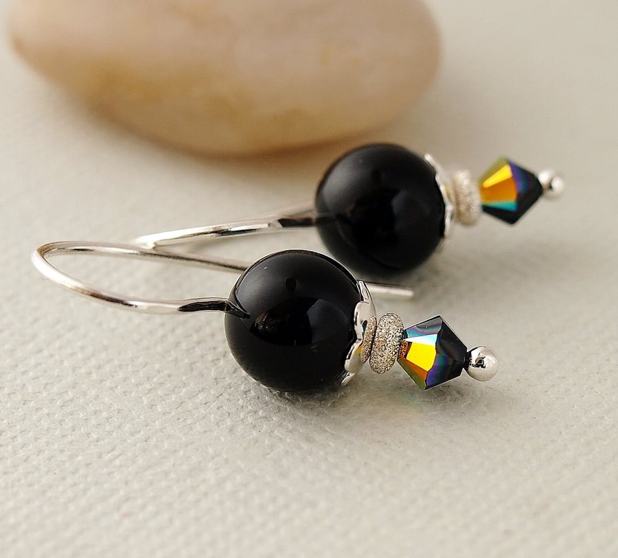 Black Pearl Earrings - Sterling Silver - Swarovski
