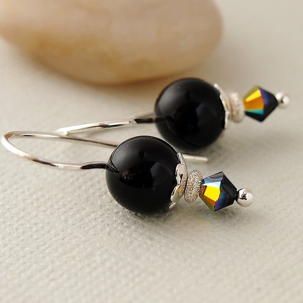 Black Pearl Earrings - Sterling Silver - Swarovski