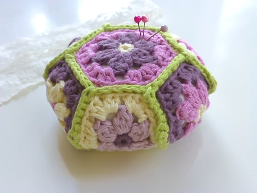 Crochet Pincushion, hexagon pincushion, pin tidy,  blossom pincushion