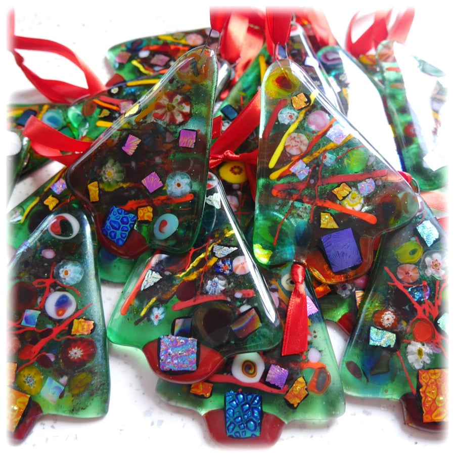 RESERVED 24 x Christmas Tree Fused Glass Hanging Decoration 9cm Dichroic 