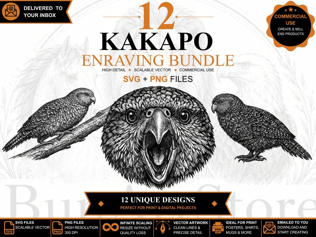 12 Vintage Kakapo Engraving SVGs - Animal Clipart Bundle (Files emailed to you)