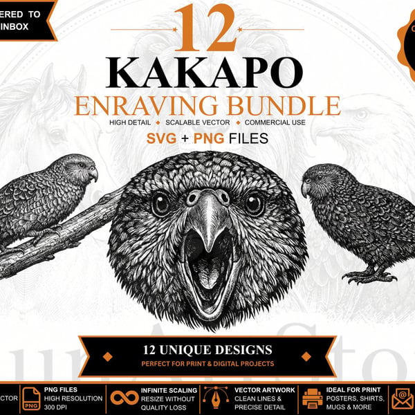 12 Vintage Kakapo Engraving SVGs - Animal Clipart Bundle (Files emailed to you)