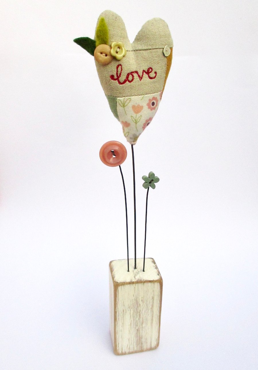 Fabric Patchwork Love Heart on Wood Block
