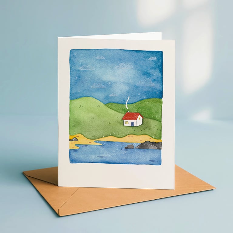 Coastal Cabin, A6 giclée greetings card with recycled brown envelope