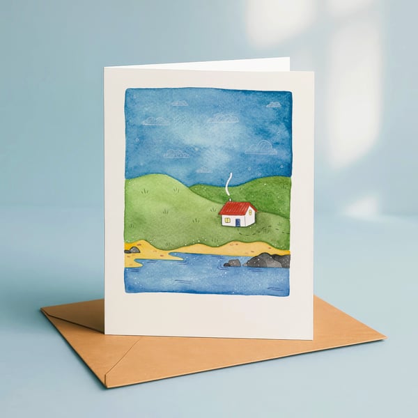 Coastal Cabin, A6 giclée greetings card with recycled brown envelope