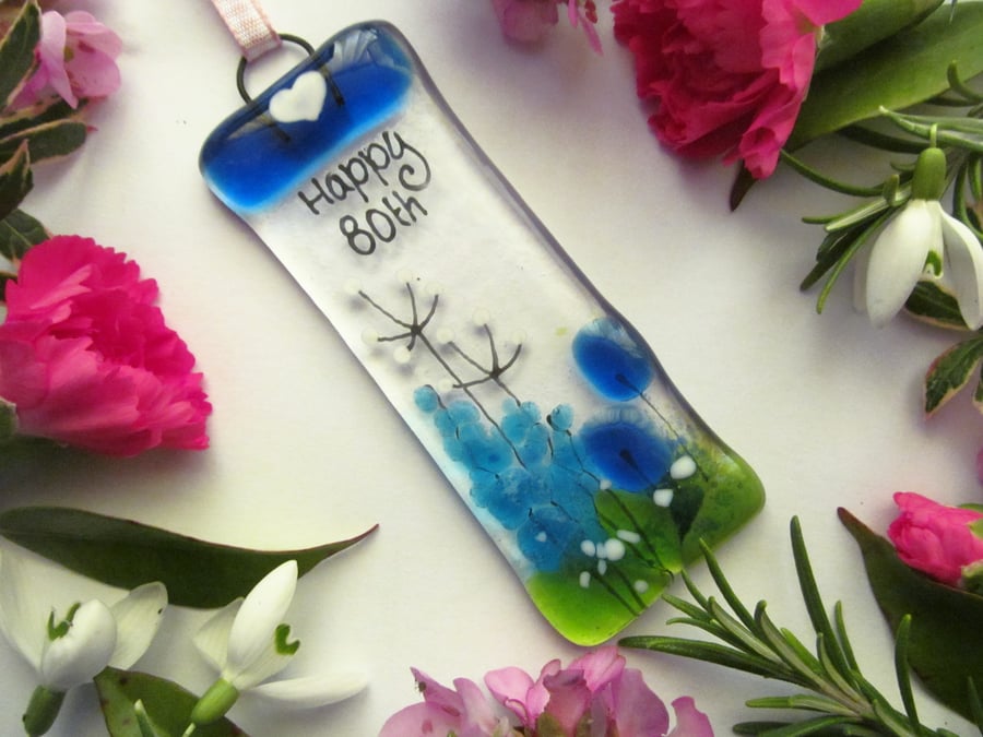 Happy 80th MINI Fused Glass Floral Suncatcher (Blue & Turquoise Country Meadow)