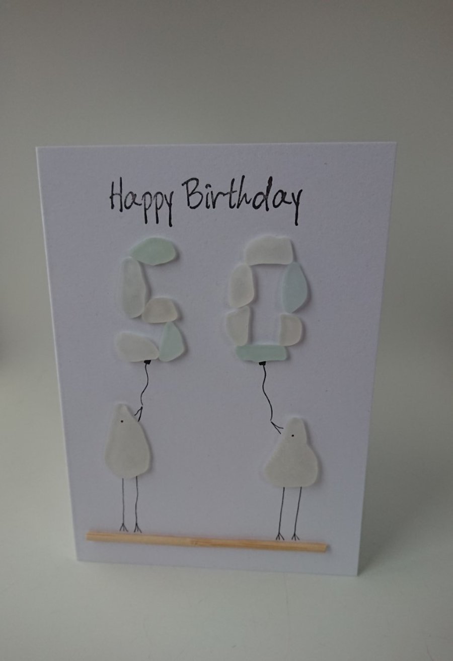 50th Happy Birthday Seafoam Sea Glass Birds C382
