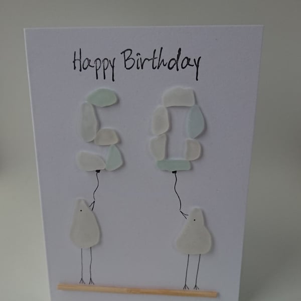 50th Happy Birthday Seafoam Sea Glass Birds C382