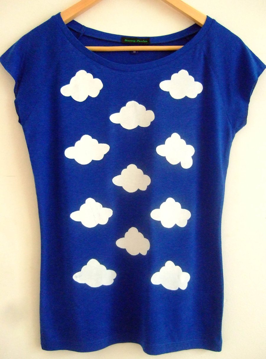 Clouds womens printed T shirt top midnight blue and white