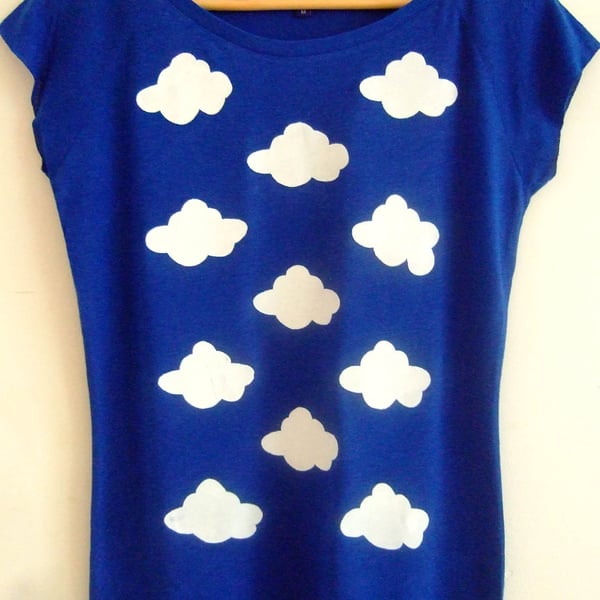 Clouds womens printed T shirt top midnight blue and white