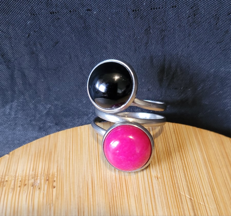 Stainless Steel Double Crystal Ring - Pink Coral and Black Onyx