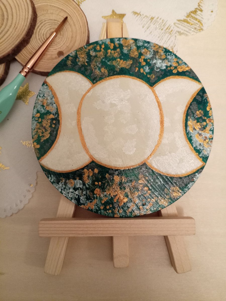 Wooden circular triple moon painting with easel