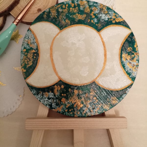 Wooden circular triple moon painting with easel