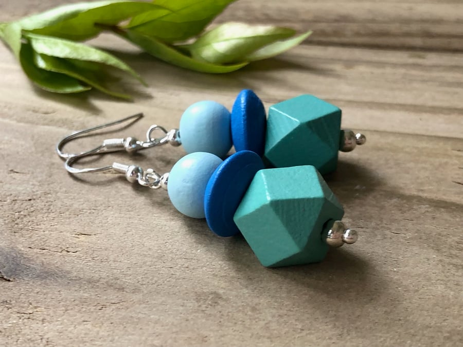 Teal Green & Blue Wooden Bead Earrings. Lightweight Beaded Earrings