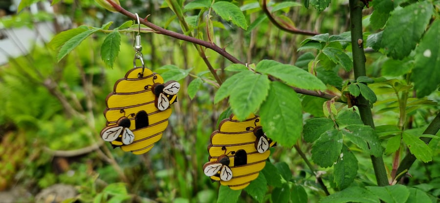 Wooden Lightweight Bee Earrings 