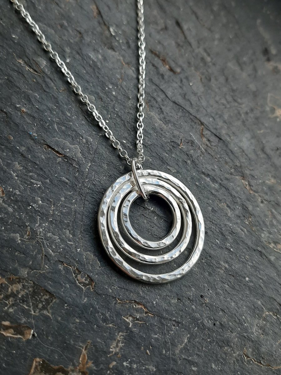 Hammered 3 circles sterling silver necklace