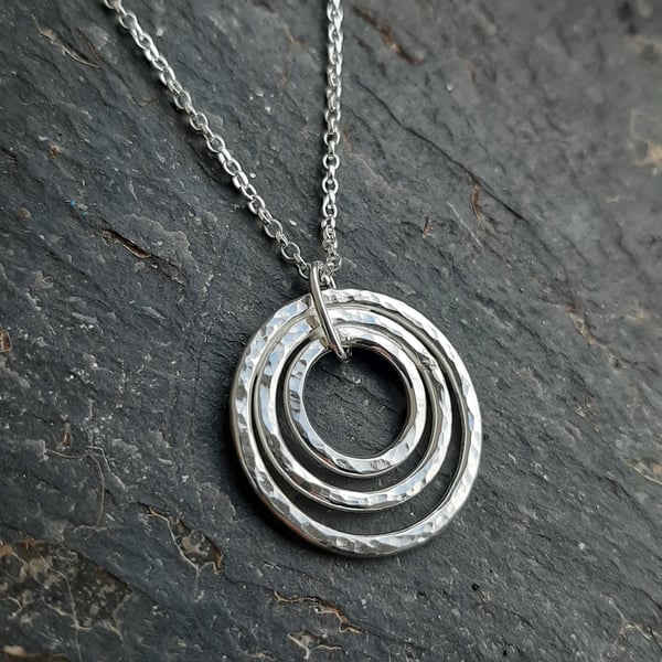 Hammered 3 circles sterling silver necklace