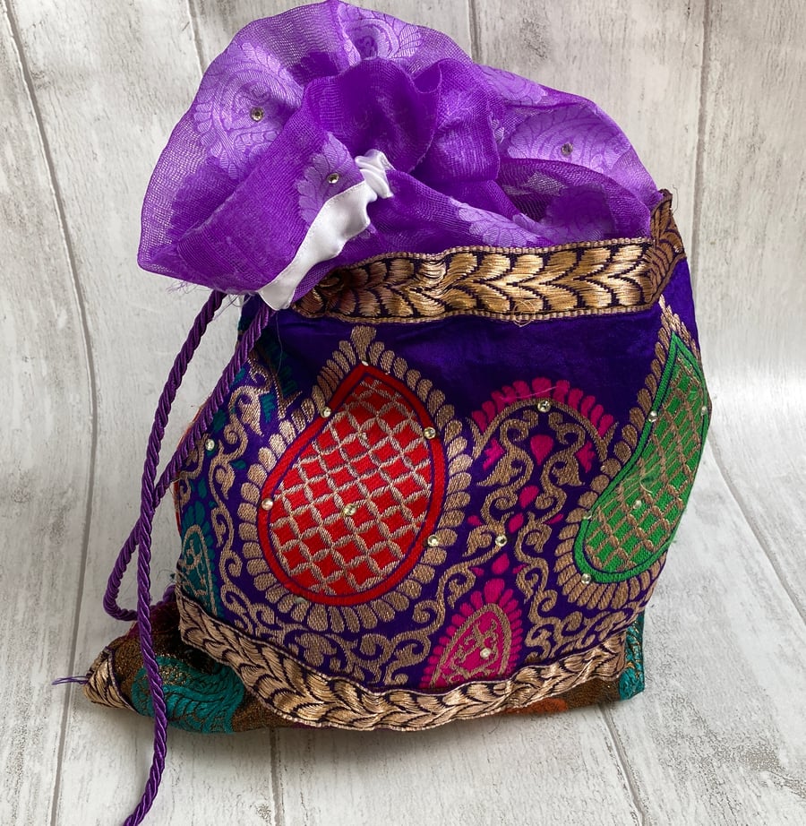 Reusable fabric gift bag. Purple sari fabric