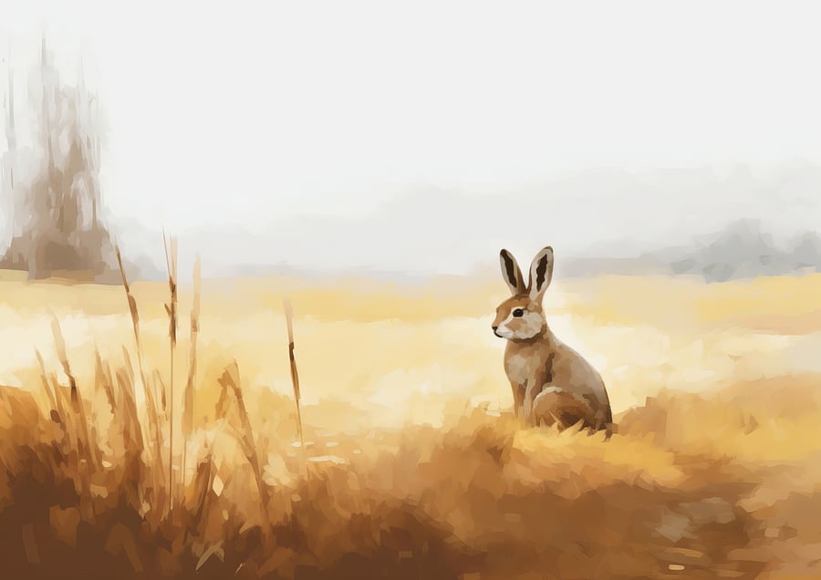 Rustic Hare Art Print - Gentle Countryside 5x7 Painting for Cozy Decor