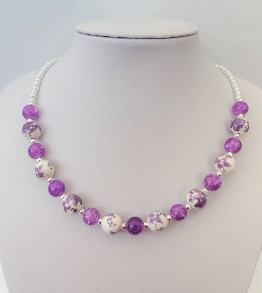 Purple and white glass bead and ceramic bead necklace