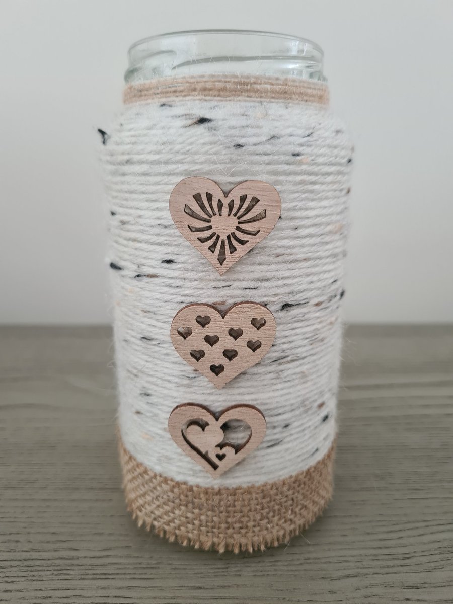 Rustic Yarn Wrapped Vase With Wooden Heart Accents
