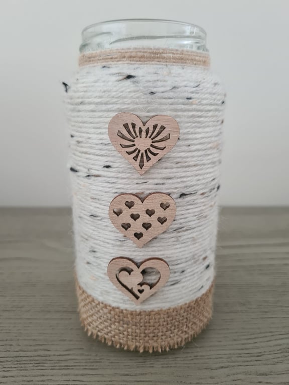 Rustic Yarn Wrapped Vase With Wooden Heart Accents