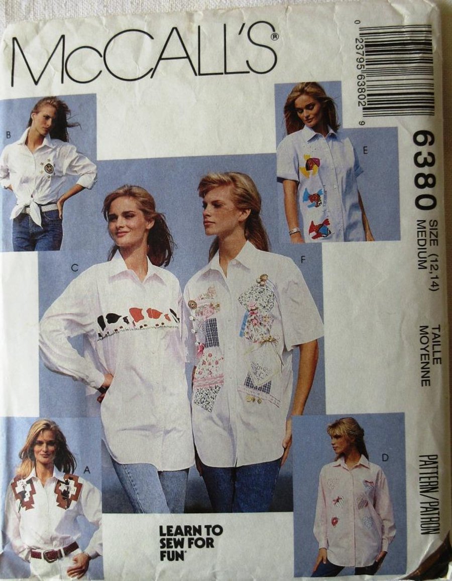 A sewing pattern for misses' shirts in size medium (McCall's 6380)