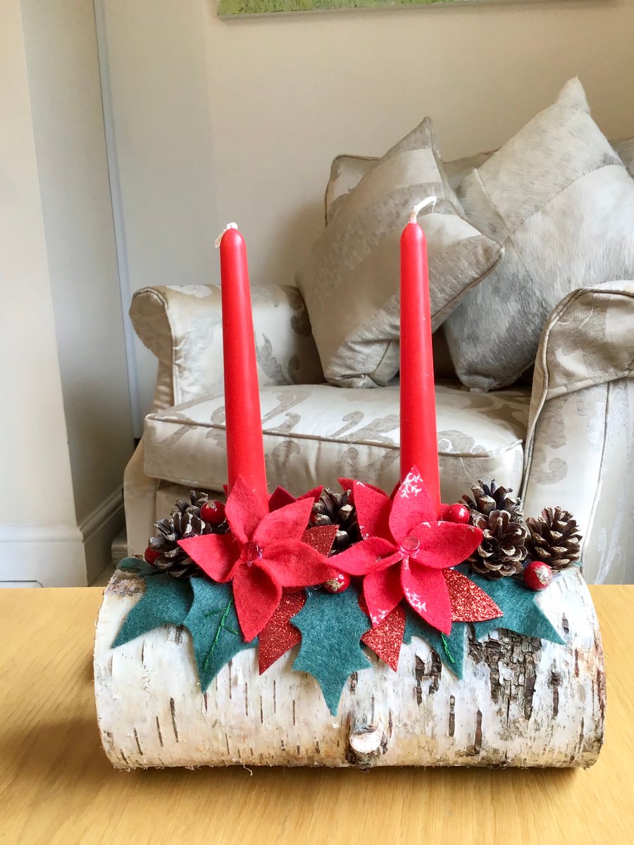 Christmas Candle Arrangement Large Yule Log Centrepiece Decoration