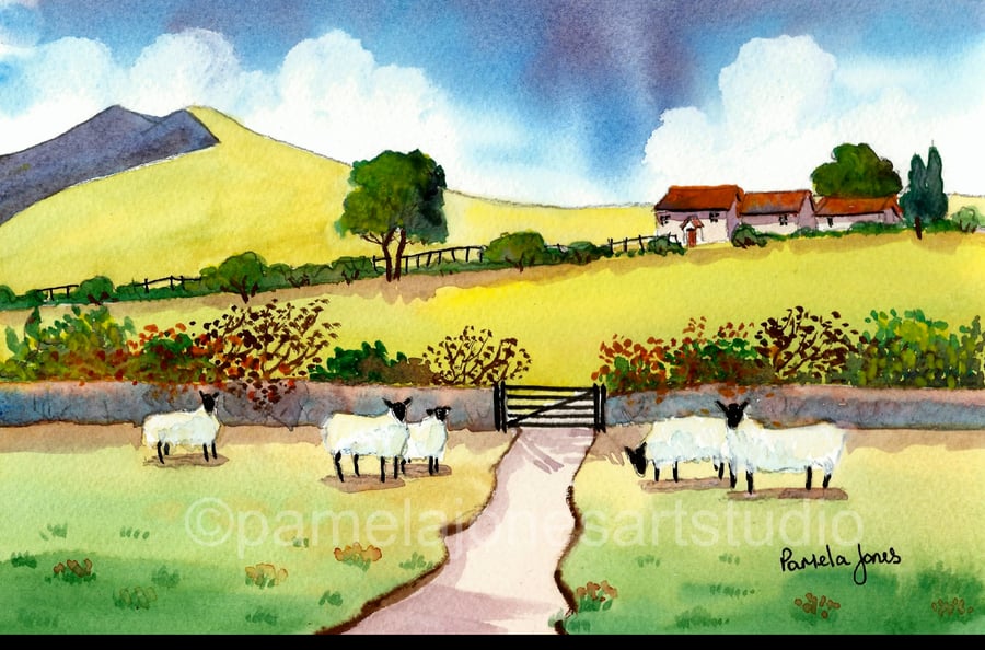 Hillside Cottage, Sheep, Brecon Beacons, Original Watercolour in 14 x 11'' Mount
