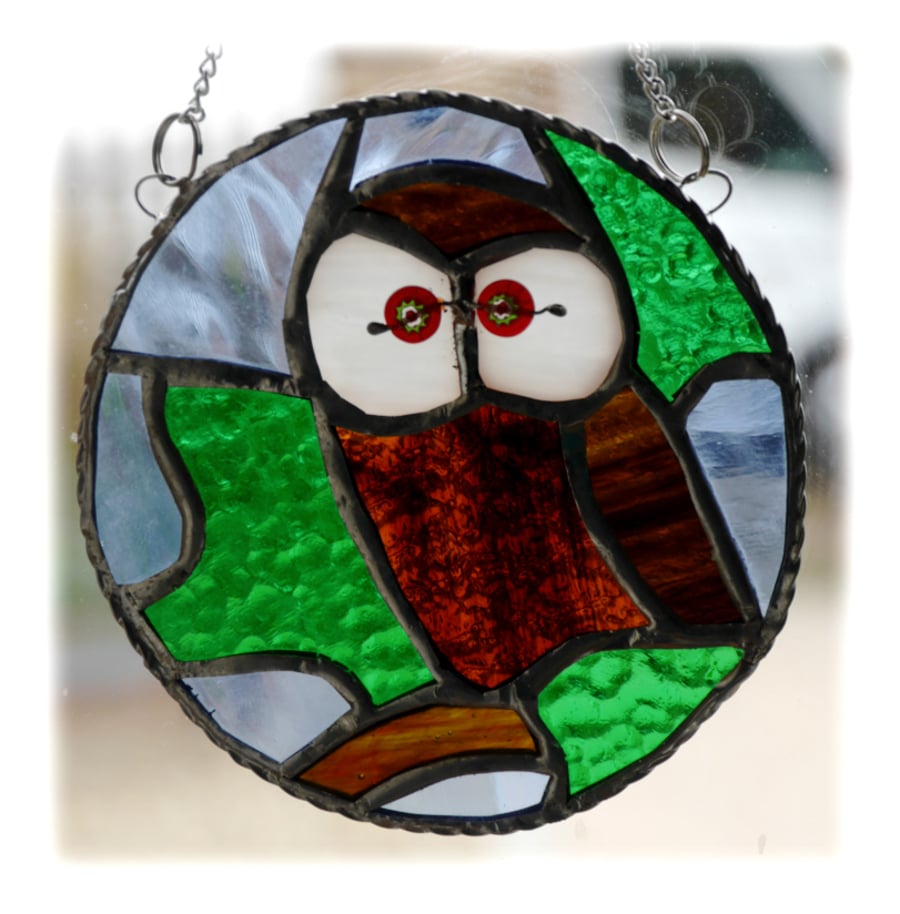 Owl Ring Suncatcher Stained Glass Bird  010