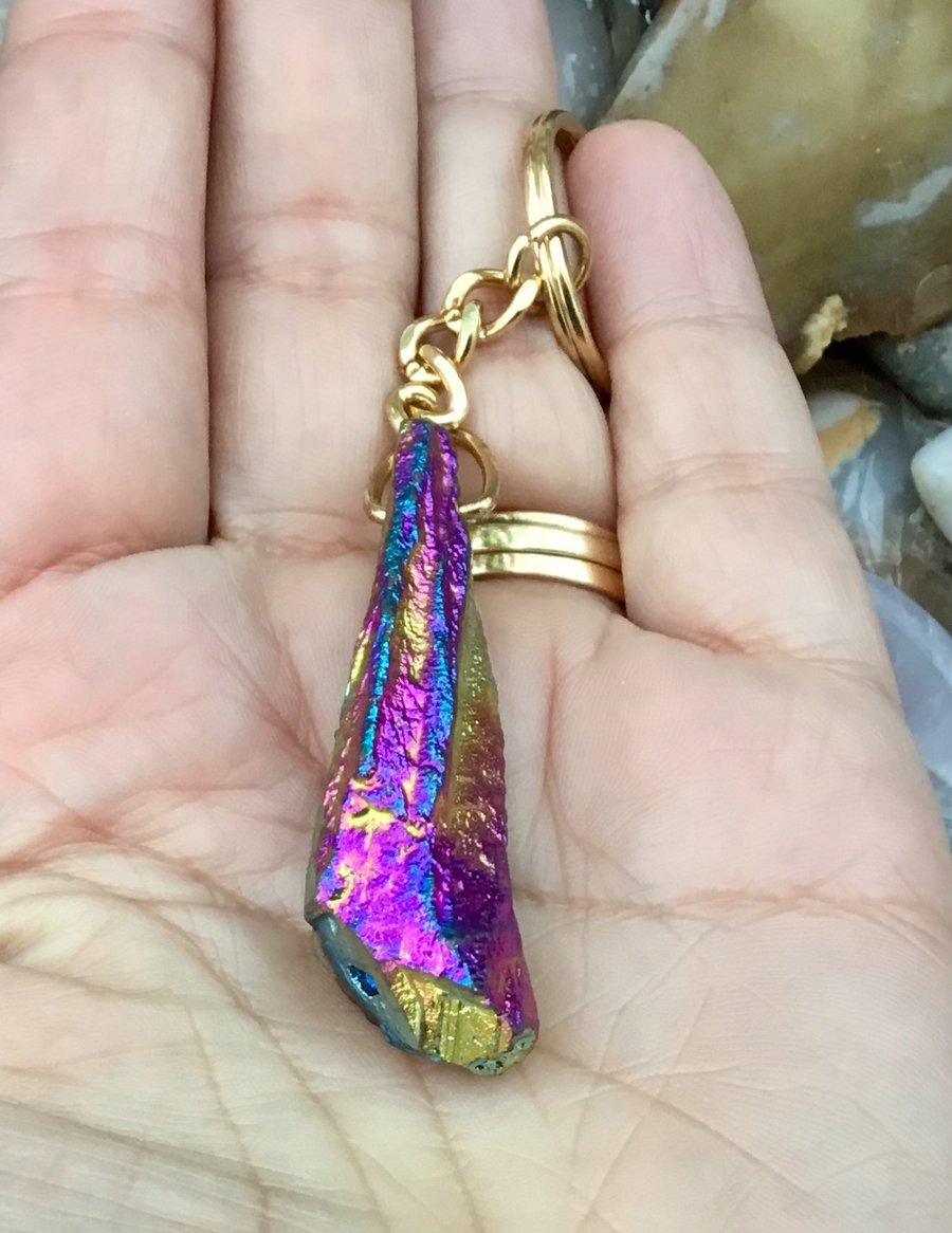 Stunning Peacock Titanium Agate Quartz Nugget Keyring or Handbag Charm.
