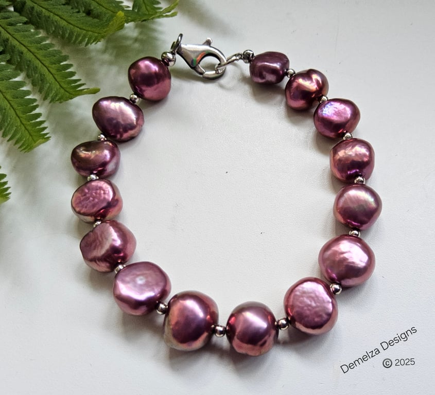 Pink Baroque Freshwater Cultured Pearl Sterling Silver Bracelet 