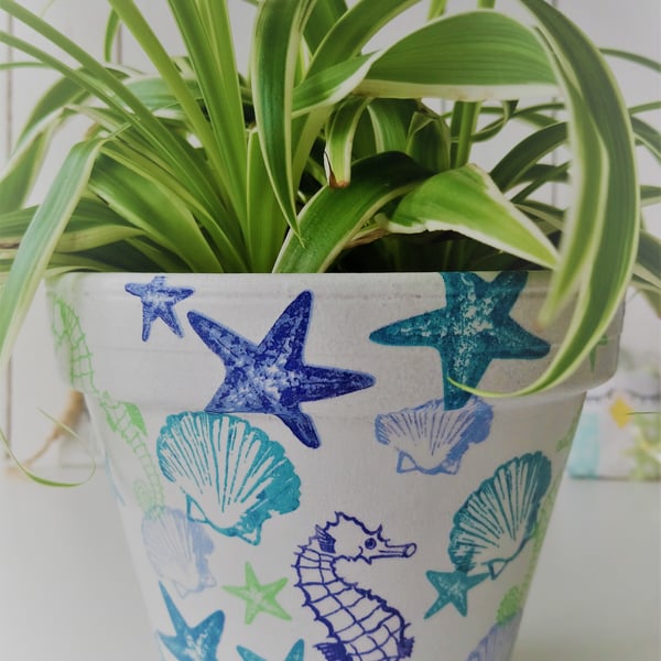 Decoupaged Sea Life Design Indoor Terracotta Pot