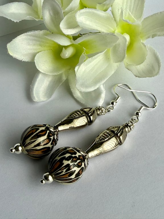 Animal Print Bead and Silver Metal Drop Earrings. Lightweight Earrings