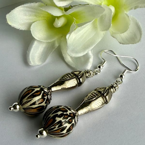 Animal Print Glass Bead and Silver Metal Drop Earrings. Lightweight Earrings