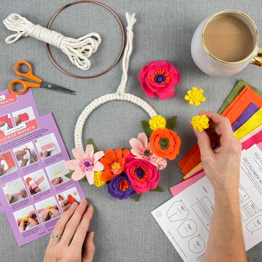 Felt Flower Wreath Kit. Make a DIY floral wreath with this craft kit for adults.