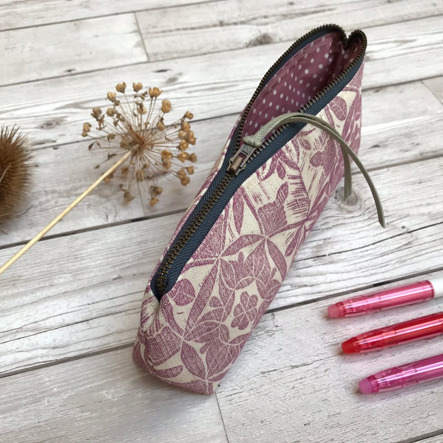 Hand Printed Linen Pencil Case, Brush Case, Cosmetic Bag