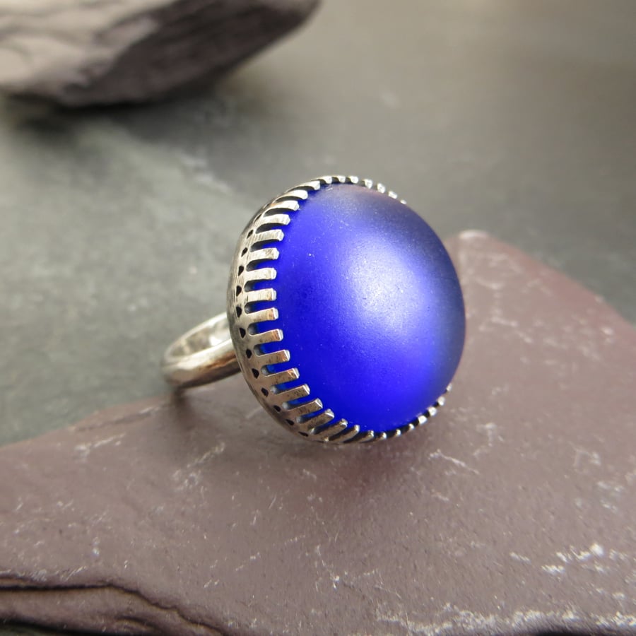 Cobalt blue glass ring, Cultured sea glass, Cocktail ring