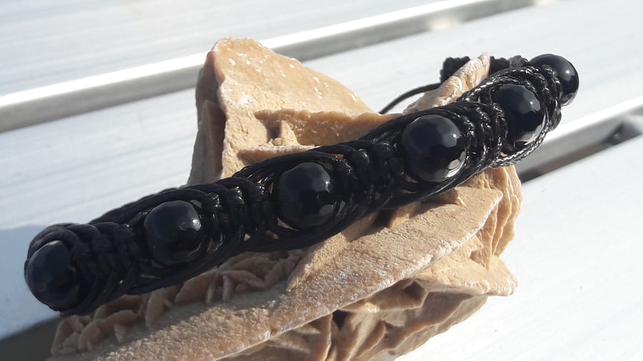 Unisex Faceted Black Agate In Black Macrame Bracelet