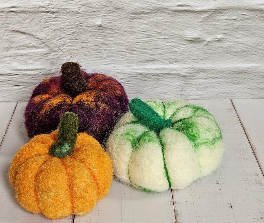 Autumn Décor Pumpkins - Set of 3, multi-coloured Handmade Needle felted