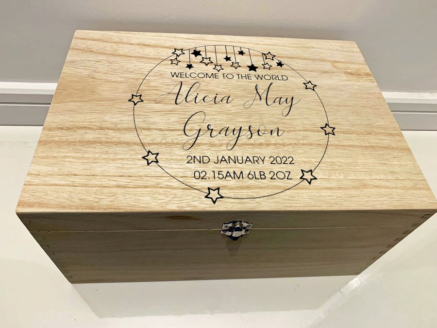 Large Personalised Engraved Wooden Baby Keepsake Box with Stars