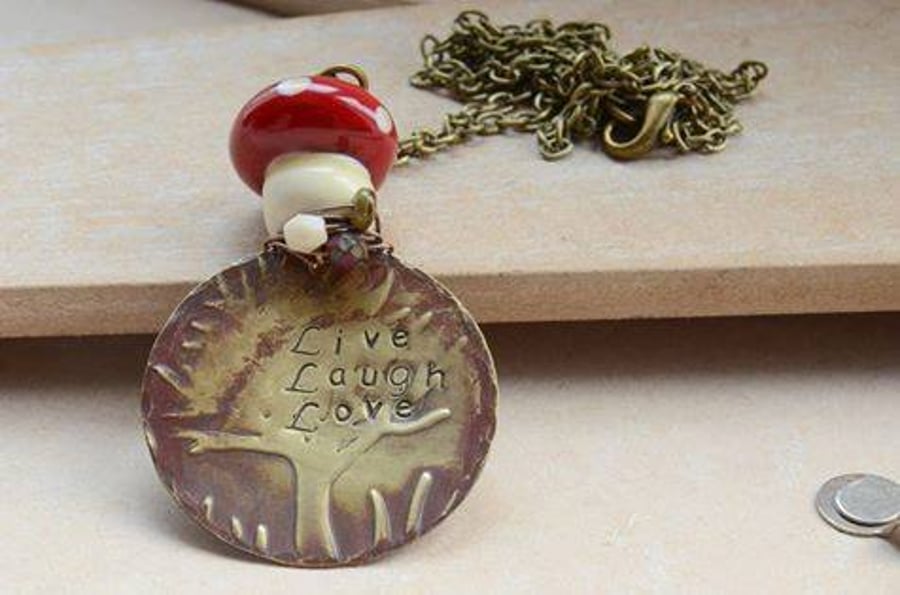 Live Laugh Love Stamped Brass Pendant Necklace with Glass Toadstool and Beads