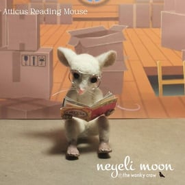 Atticus reading mouse Needle felted sculpture with book by neyeli