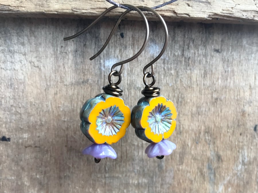 Simple Yellow & Purple Flower Earrings. Nature Inspired Czech Glass Earrings