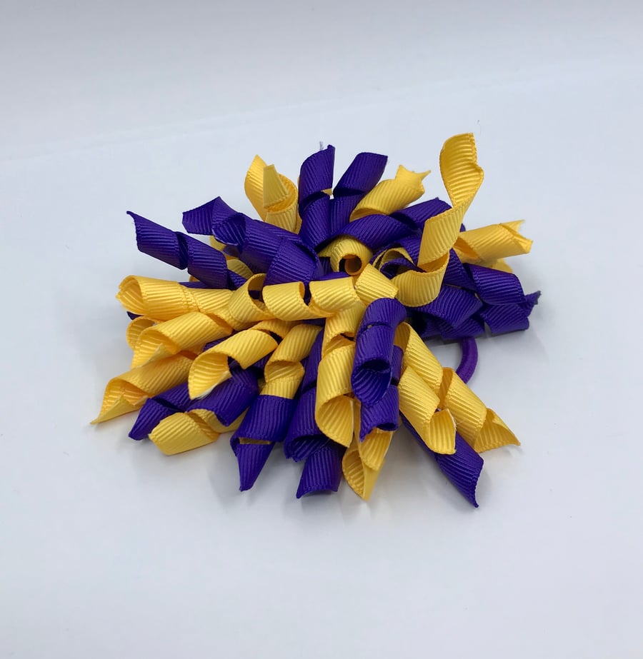 3 inch Purple and Yellow Gold Curly Corkers on Elastics (pair)