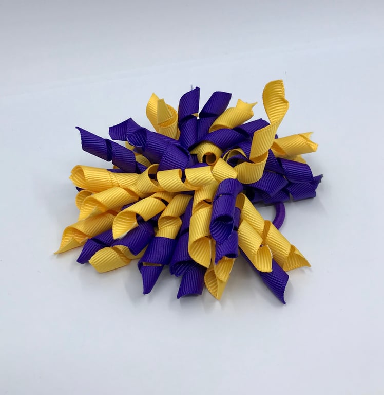 3 inch Purple and Yellow Gold Curly Corkers on Elastics (pair)